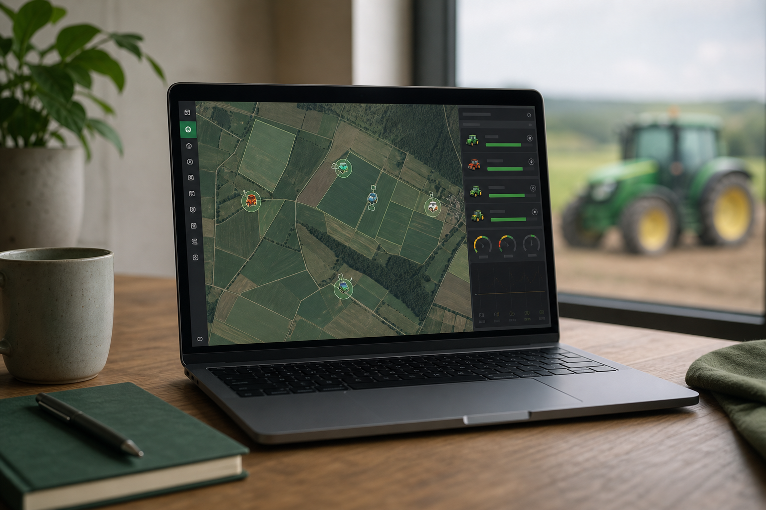 Screenshot-style product shot of the online fleet dashboard on a laptop — map view showing multiple machine icons with live location pins and a telemetry sidebar showing speed and status.