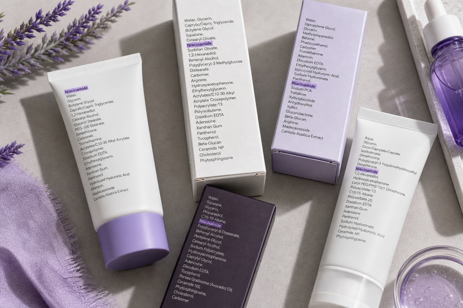 Overhead flat-lay of 5–6 skincare product back-panels showing INCI lists, with the niacinamide/nicotinamide entries highlighted at different positions in each list (top of one, mid-list on another). Shot straight down on a neutral surface, soft even 