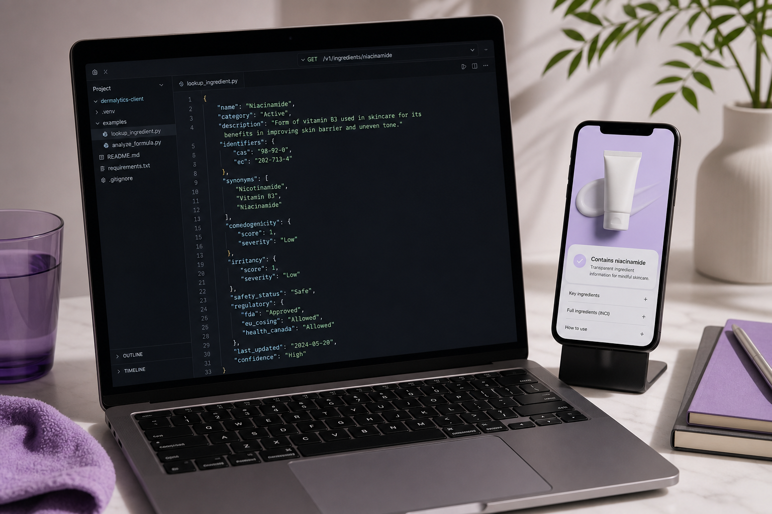 Developer-context shot — a laptop on a desk showing an IDE with a JSON API response on screen (visible fields suggesting comedogenicity, irritancy, cas), plus a phone or second monitor showing a product-page UI with a small "Contains niacinamide
