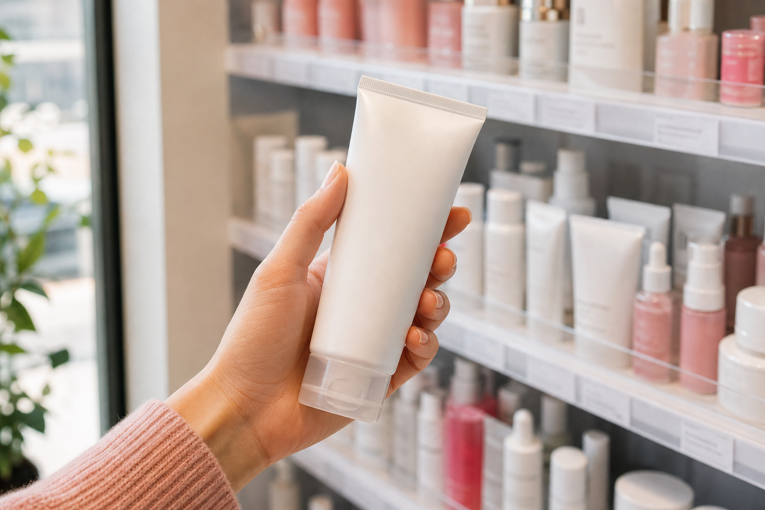 A hand holding a white moisturizer bottle in front of a softly blurred drugstore skincare shelf, the word "non-comedogenic" subtly legible on the label, natural daylight, shallow depth of field, eye-level angle.