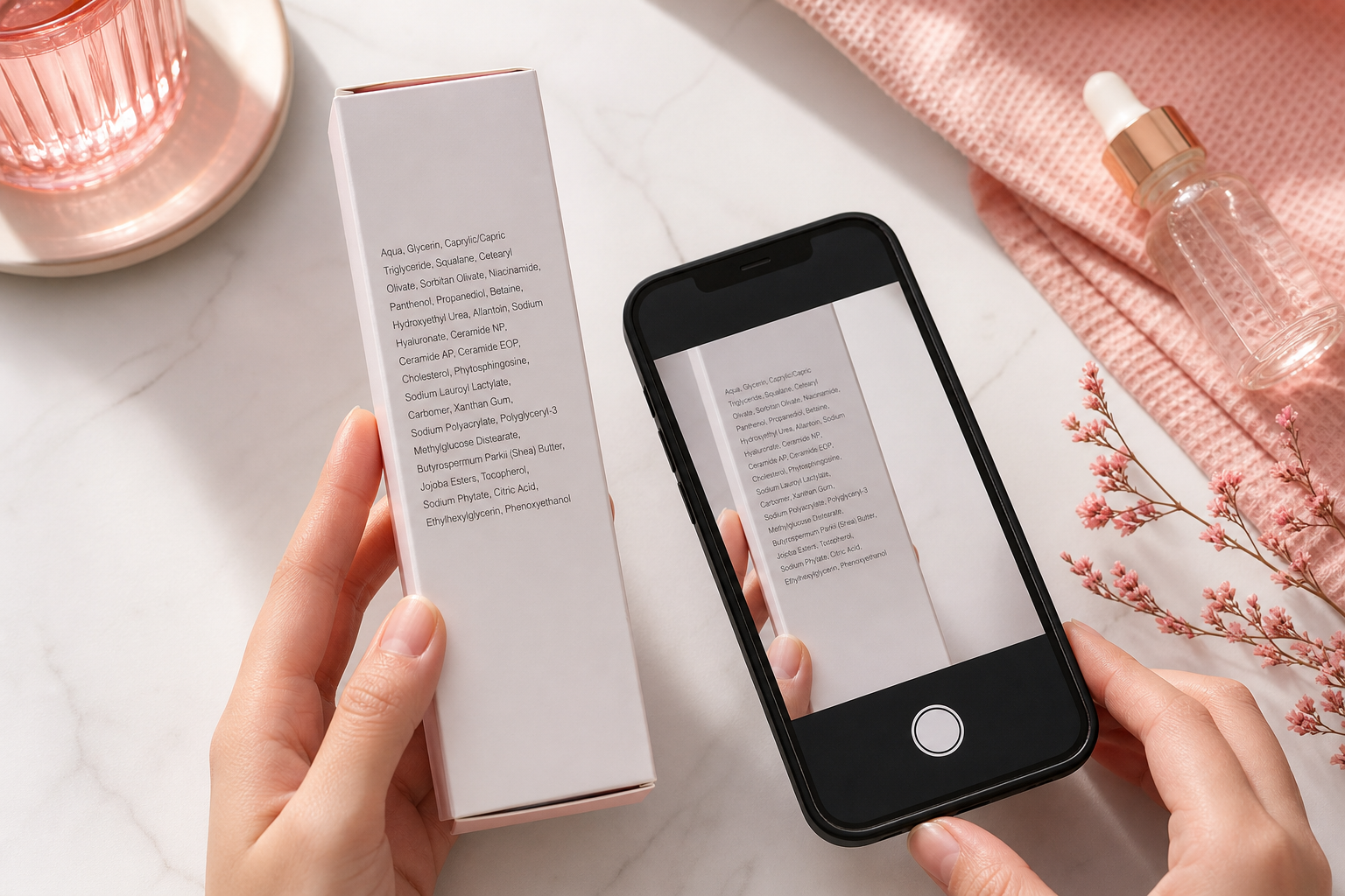 Close-up flat-lay of a moisturizer carton turned to display its INCI ingredient list, a smartphone resting beside it as if mid-scan, clean white surface, soft overhead lighting.