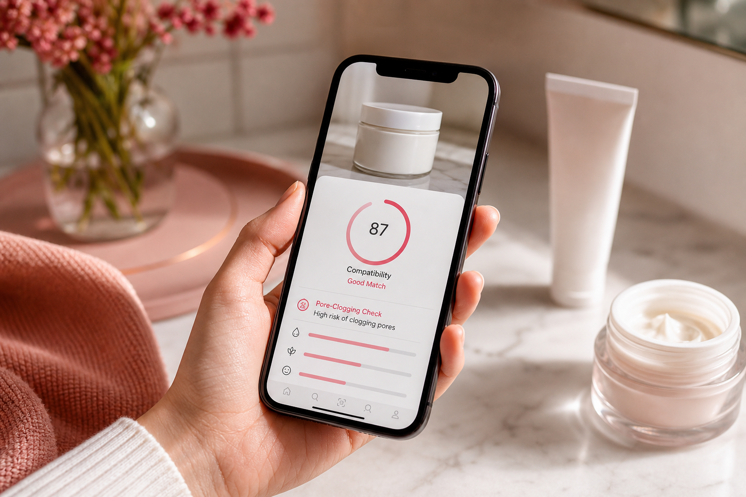 Macherre app on a phone showing a moisturizer scan result — visible compatibility score and a pore-clogging flag — held in hand over a bathroom counter.