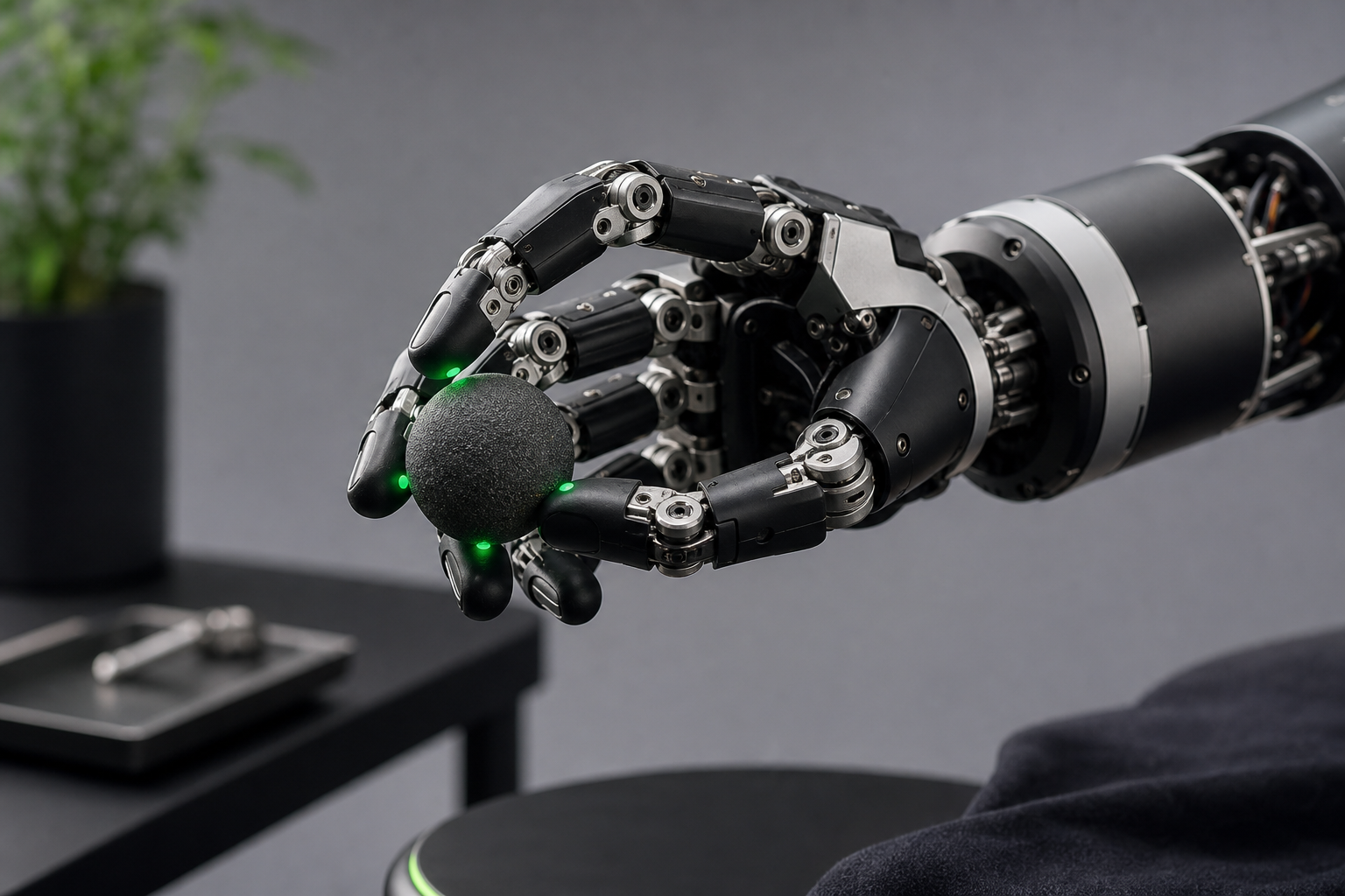 A high-quality render of a five-fingered dexterous robot hand mid-grasp on a small object in a simulation environment, three-quarter angle, clean studio-style background, contact points faintly highlighted.