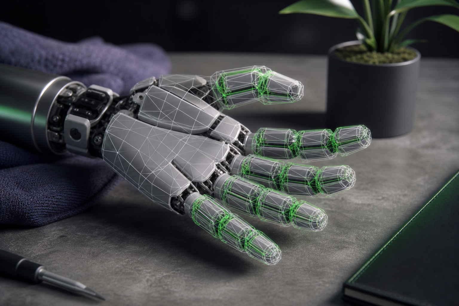 Close-up render of a five-fingered hand model with collision meshes visualized as a wireframe convex-hull overlay on top of the smooth visual mesh, showing the decomposition pieces per finger segment.