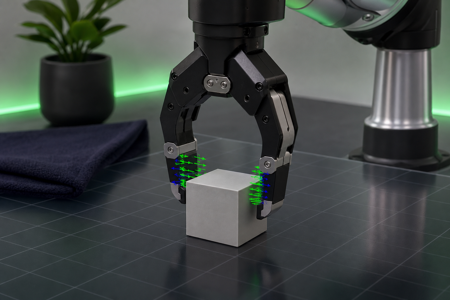 Screenshot-style render of a parallel-jaw gripper closing on a cube in a simulation environment, with contact points/force arrows visible at the fingertip pads.
