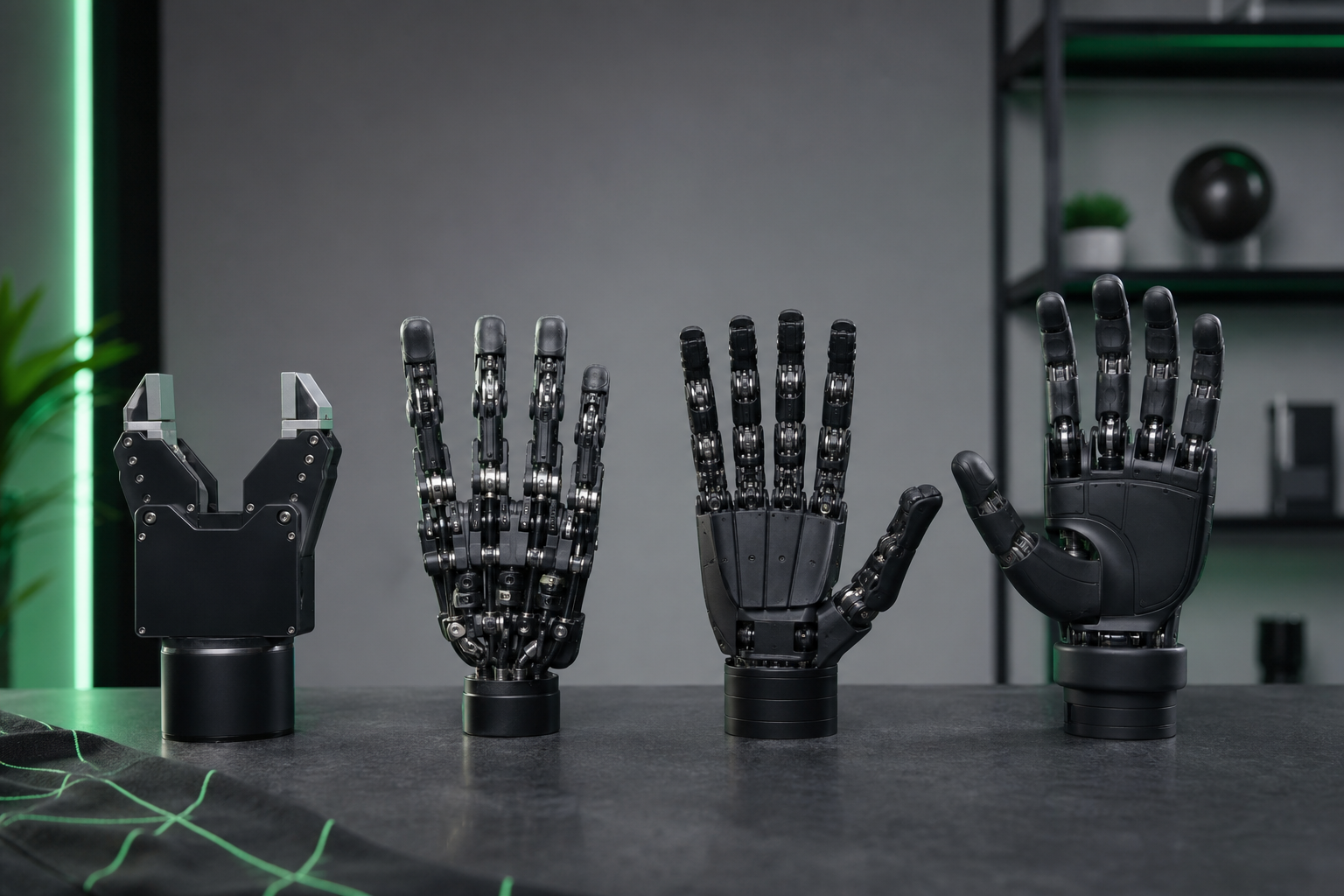 Hero comparison shot showing 3–4 hand models side by side at matched scale — a Robotiq parallel gripper, an Allegro four-finger hand, and a Shadow five-finger anthropomorphic hand on a neutral background.