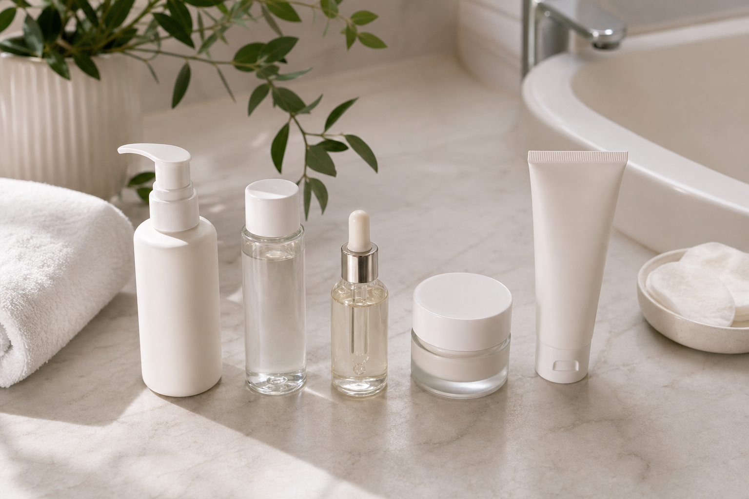 Temiz, klinik-estetik bir banyo/vanity sahnesi — soldan sağa uygulama sırasına göre dizilmiş cilt bakımı ürünleri (temizleyici, tonik, serum, nemlendirici, SPF), yumuşak doğal ışık, medikal spa marka estetiğiyle uyumlu, hafif üstten açı.