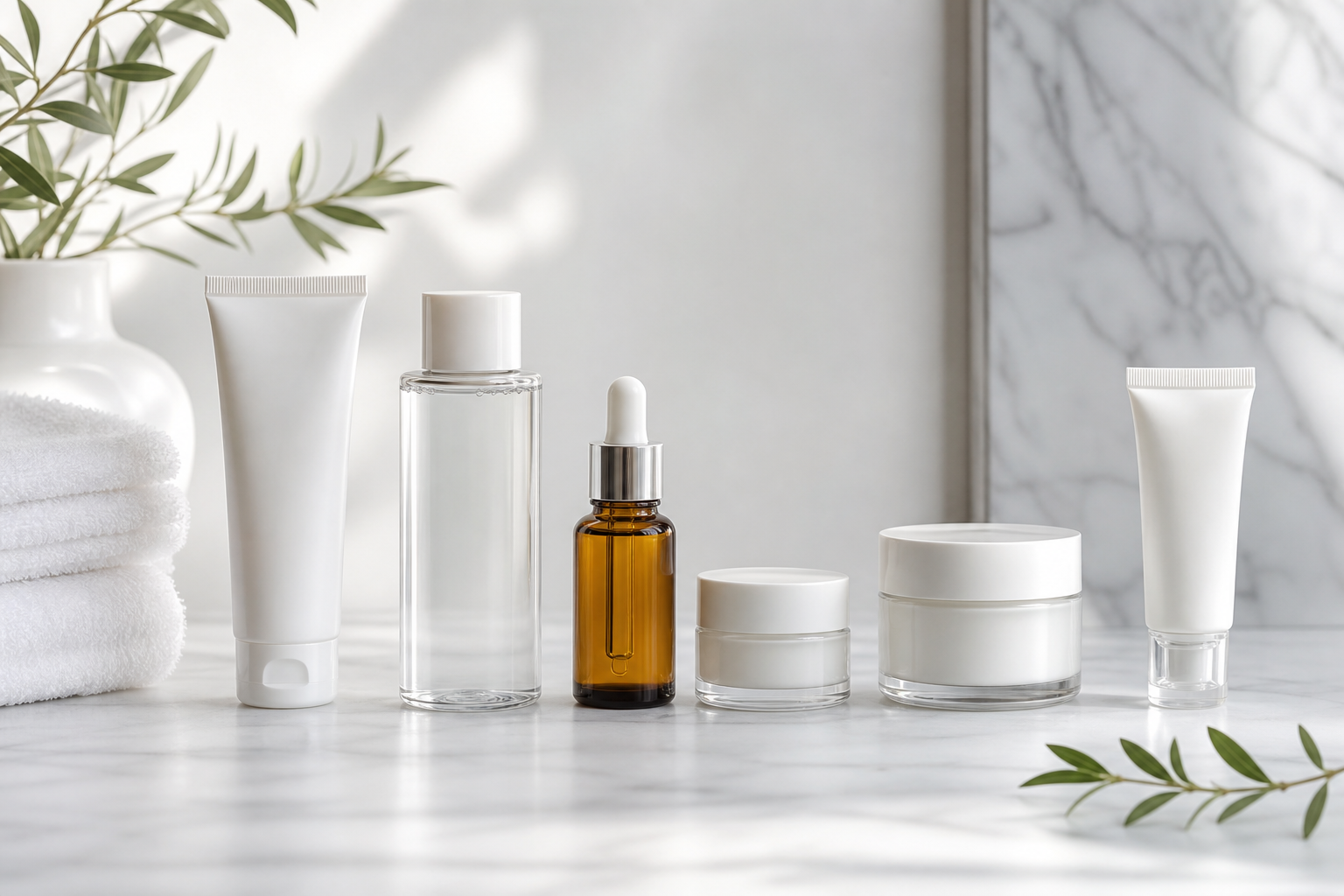 Sabah rutini ürün setinin flat-lay'i, soldan sağa uygulama sırasına göre dizilmiş (temizleyici, tonik, C vitamini serum, göz kremi, nemlendirici, SPF). Temiz, klinik estetik, beyaz/nötr zemin.