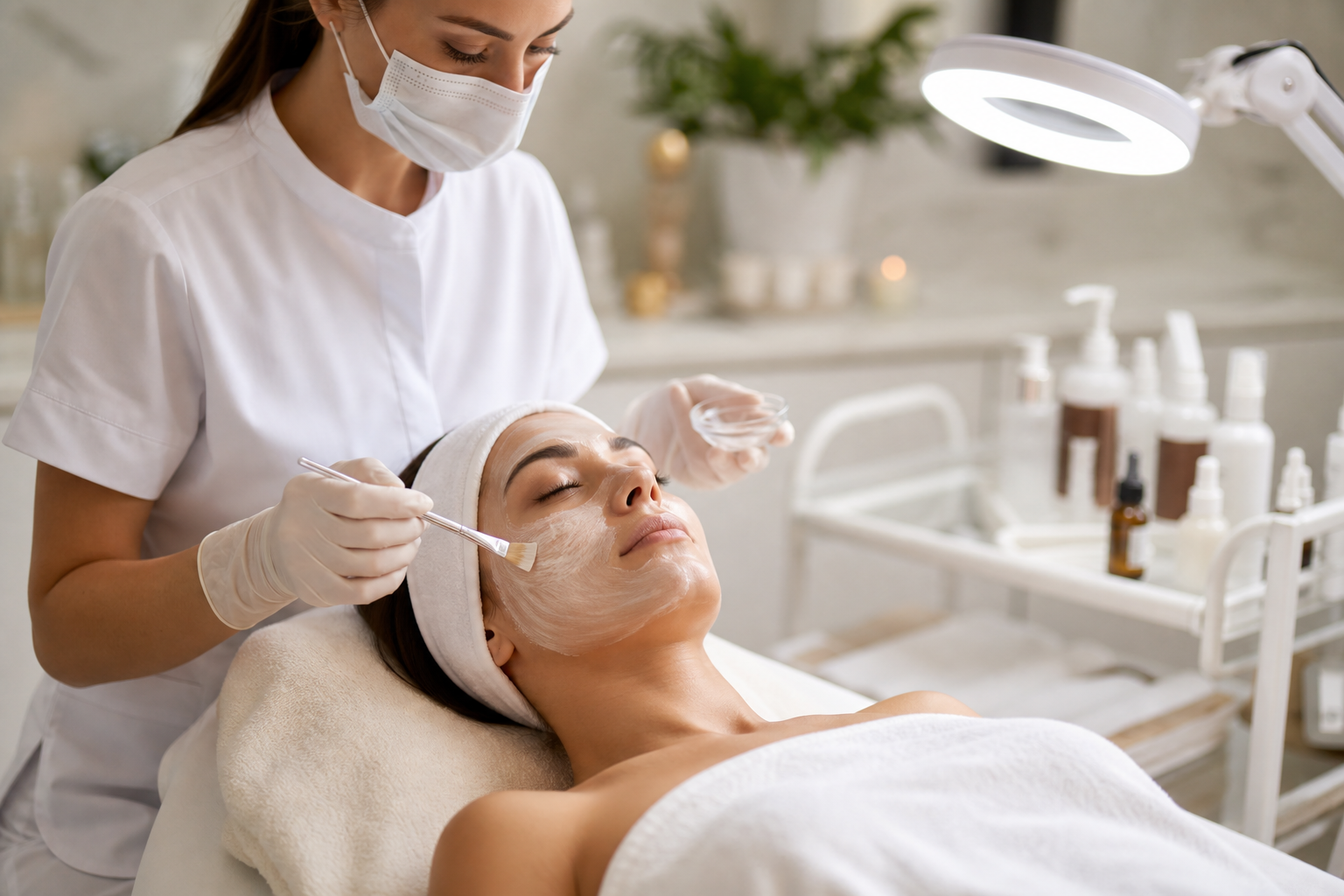 İşlem odası / devam eden profesyonel facial (hijyenik, klinik ortam).