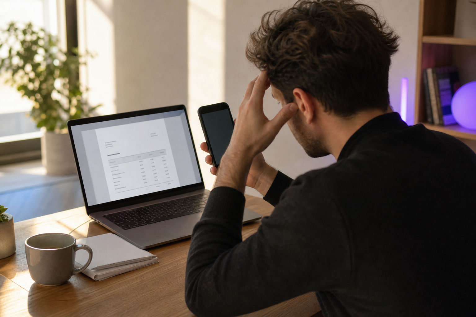 A freelancer at a sunlit desk, mid-frustration — laptop open showing an invoice, phone in hand displaying a "verification required" notification, coffee going cold. Over-the-shoulder angle, warm natural light, candid editorial feel.
