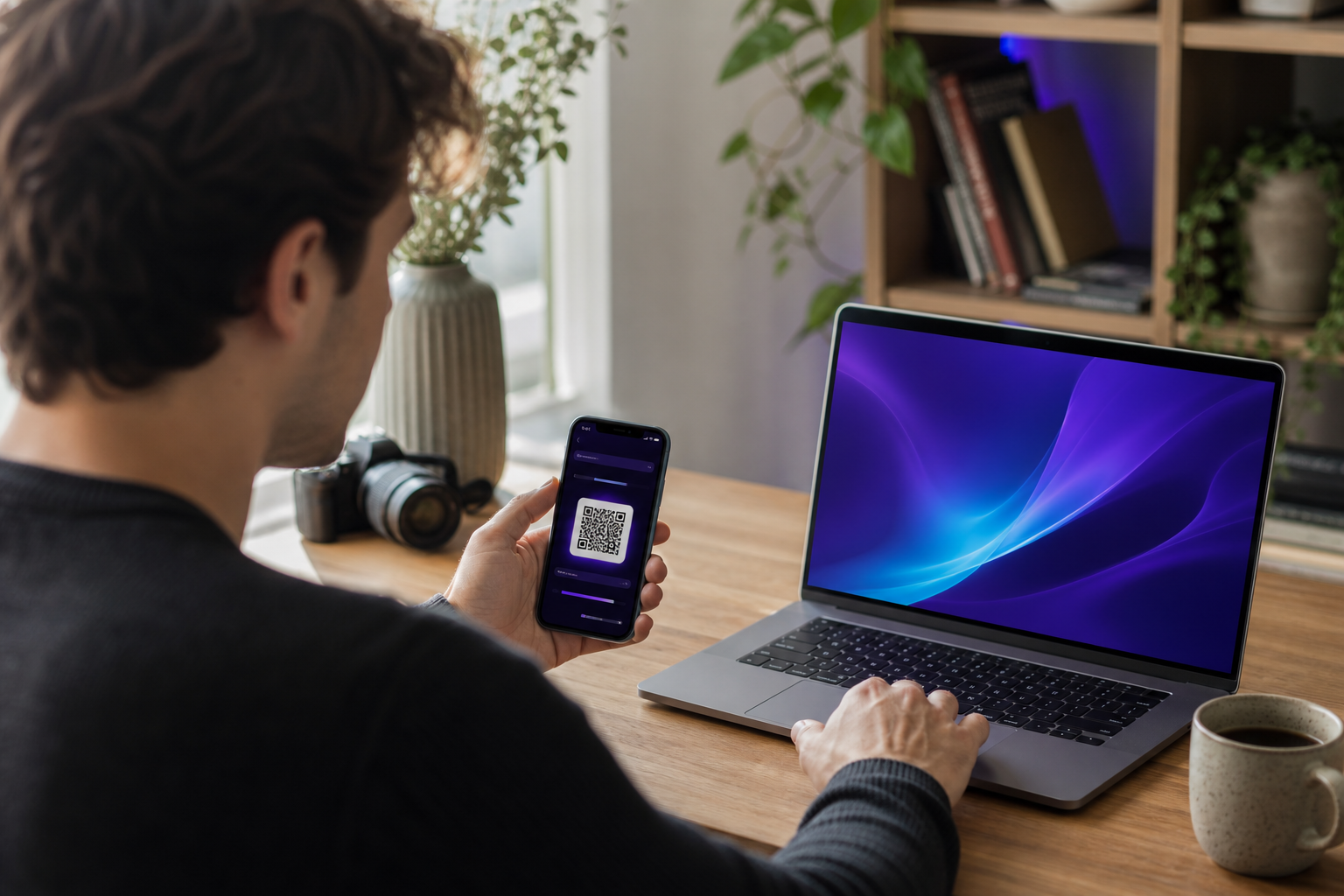 Lifestyle product shot — a freelancer at a laptop reviewing a payment link on their phone, over-the-shoulder framing, modern home-office setting, natural daytime light.