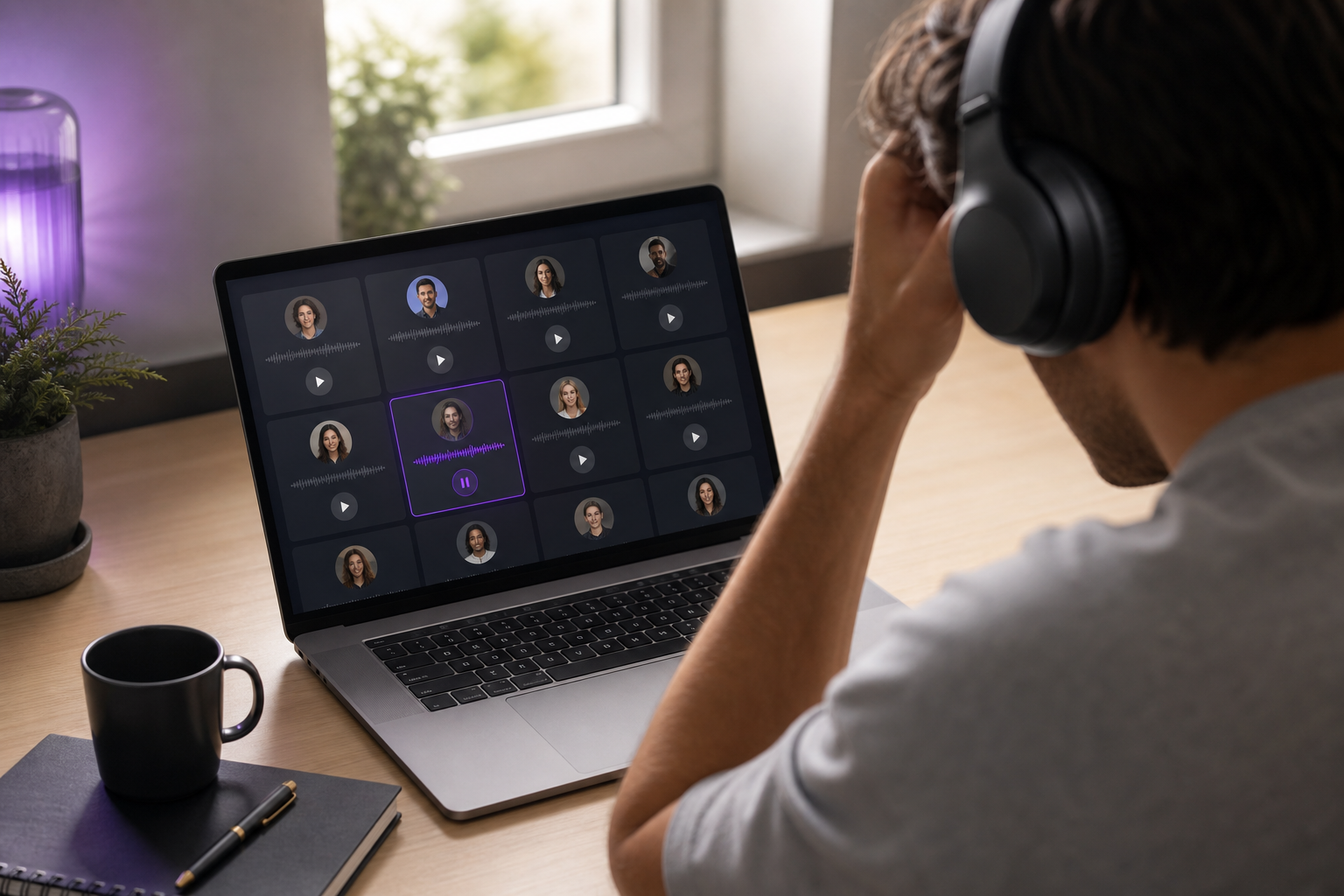 Close-up over-the-shoulder shot of a creator at a desk, headphones on, laptop screen showing a scrollable grid of voice sample cards with play buttons, one sample paused mid-waveform. Soft natural window light, slight frustration in posture.