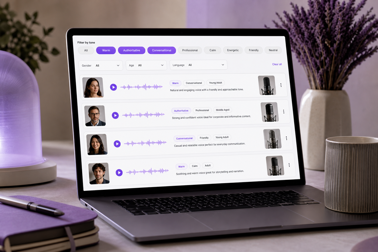 A voice library interface with tone-based filter chips applied — "Warm," "Authoritative," "Conversational" highlighted — with several voice result cards visible below. Clean, modern SaaS look.