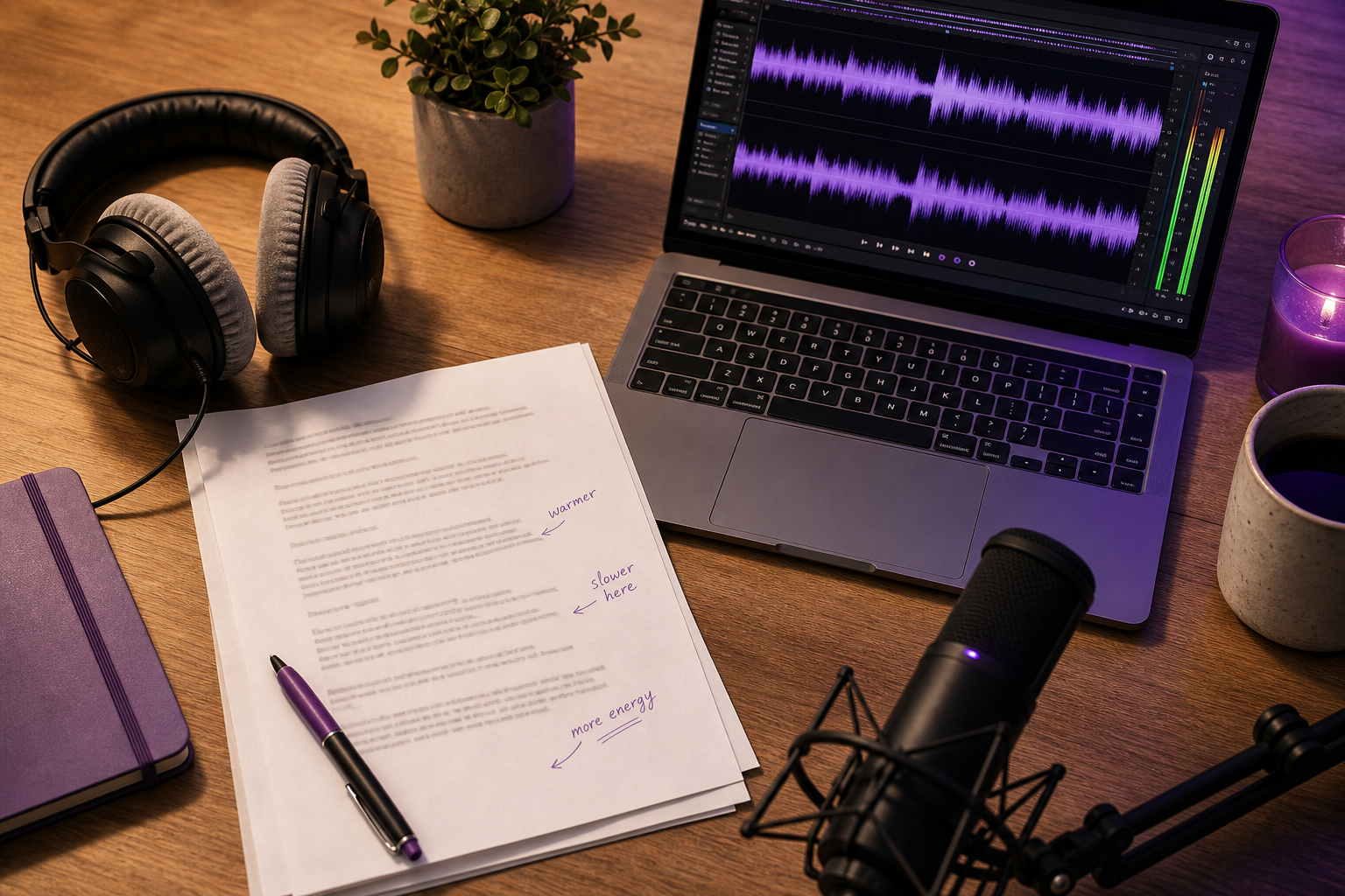 Flat-lay of a creator's workspace — over-ear headphones, a printed script with handwritten voice notes in the margins ("warmer," "slower here"), laptop showing an audio waveform editor. Top-down angle, warm desk lighting.