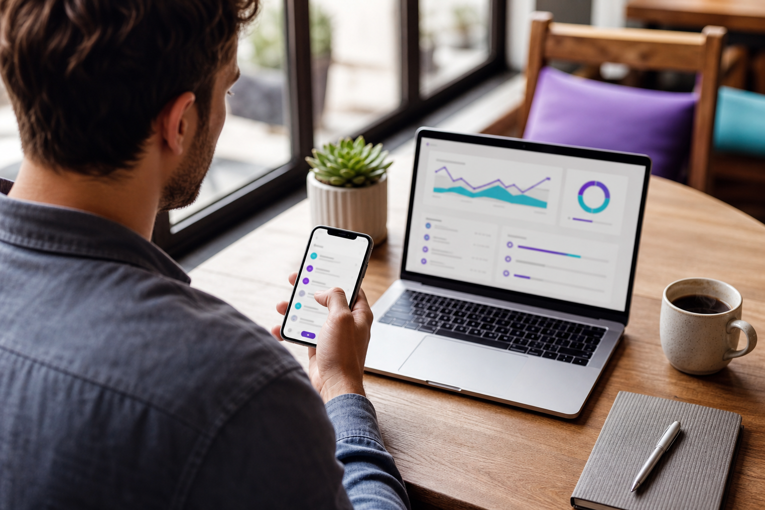 A small-business owner at a café table or home desk, phone in hand, mid-task — a laptop nearby shows a clean dashboard. Natural light, over-the-shoulder angle. Conveys "running a business from anywhere, delegating with a thumb."