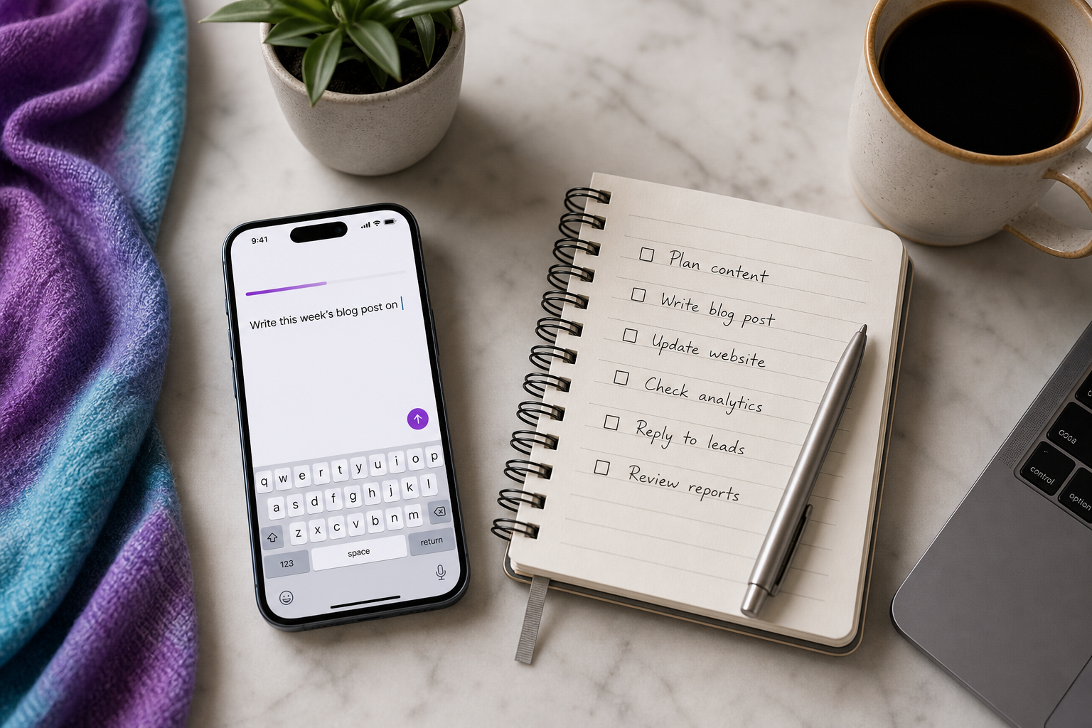 Flat-lay from above — a phone showing a plain-English task being typed ("Write this week's blog post on…"), beside a handwritten notebook of to-do items and a coffee. Conveys "delegating from anywhere, in plain words."