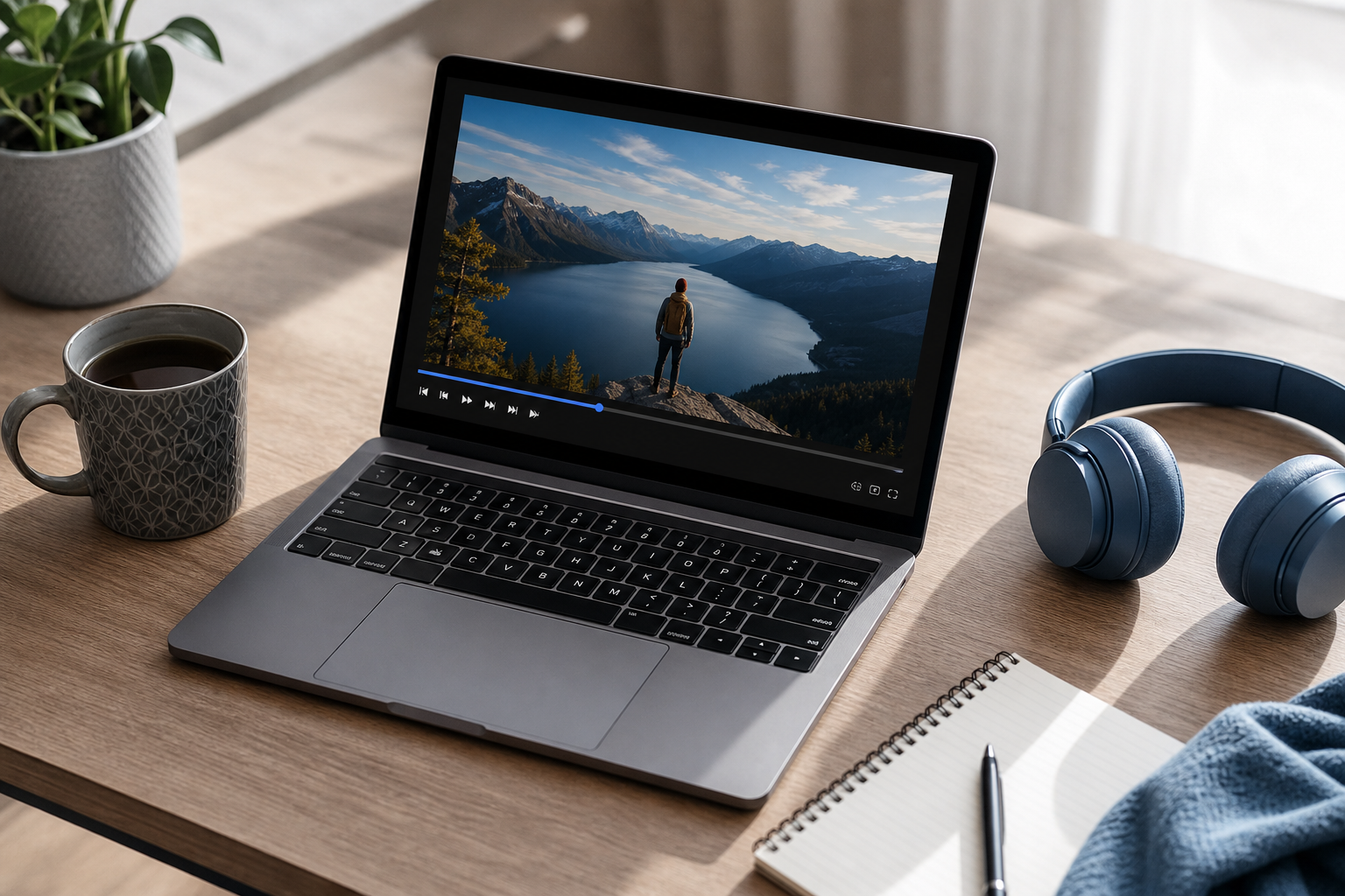 A laptop on a desk showing the VLC media player interface paused on a video frame, with a coffee mug and a pair of over-ear headphones beside it, shot from a slight overhead angle in soft natural light. Conveys a creator mid-task.
