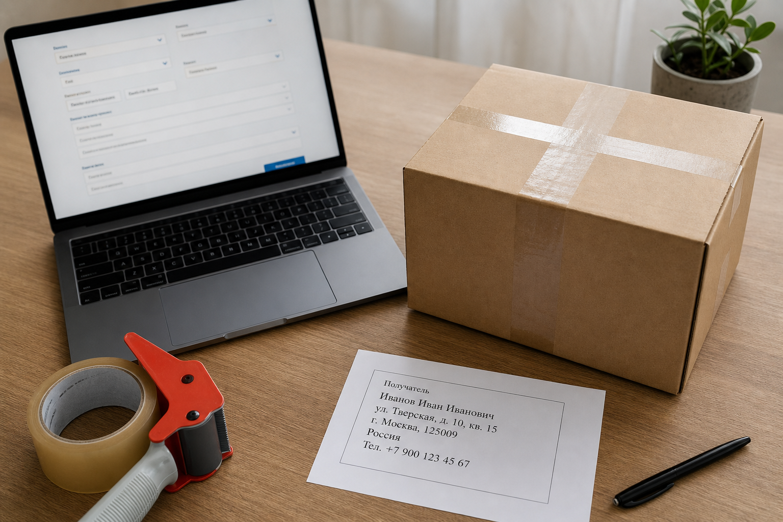 A sealed cardboard parcel on a desk beside an open laptop showing a shipping quote form, a tape dispenser and a printed address label with Cyrillic text visible, shot from a slight overhead angle in natural light.