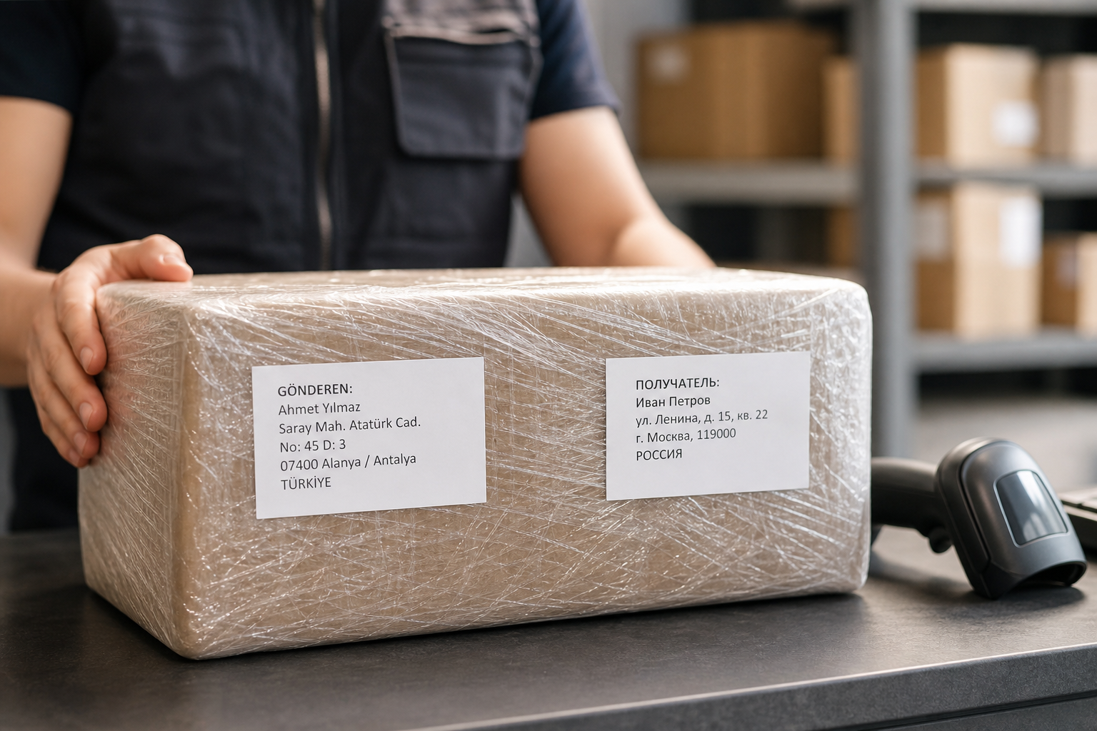 A securely packed personal parcel wrapped in stretch film, with both a Turkish-language sender label and a Cyrillic recipient label visible, sitting on a logistics counter with a barcode scanner nearby.
