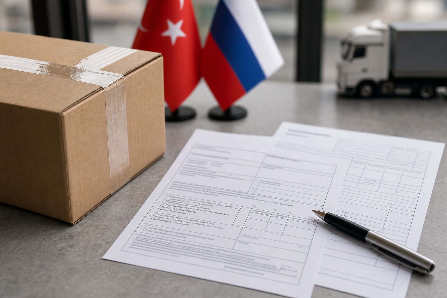 A close-up of a customs declaration form (CN23-style) and a commercial invoice lying on a counter beside a taped parcel, with a pen resting on the paperwork.