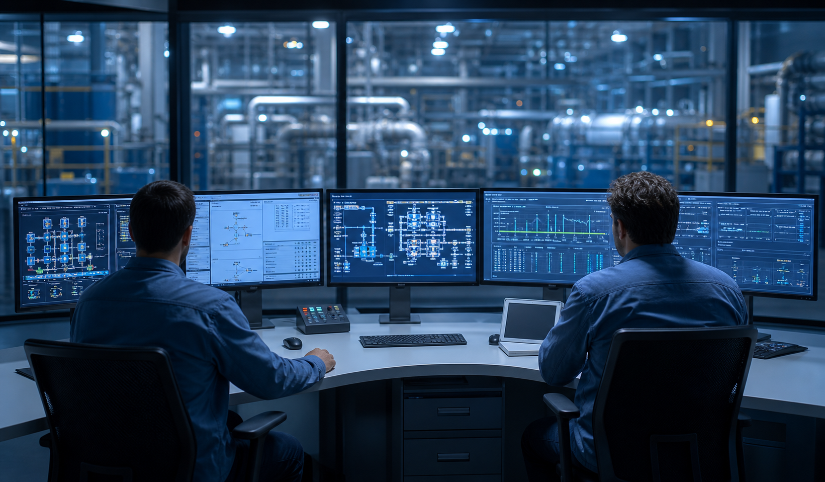 Modern industrial control room with two operators seated at a curved desk of multiple monitors displaying live production dashboards, line diagrams, and OT/IT data feeds. Cool blue screen glow, wide angle.