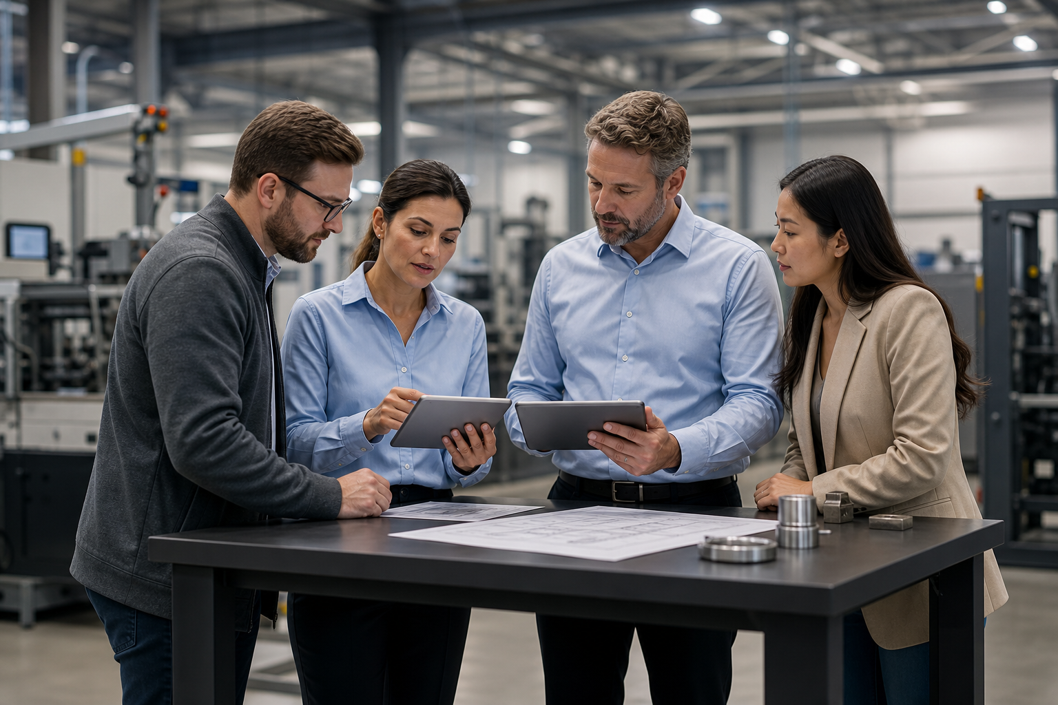 Engineers and business stakeholders in business-casual clothing gathered around a factory-floor high-top table, reviewing plans on two tablets, machinery softly blurred in the background. Collaborative planning-session feel.