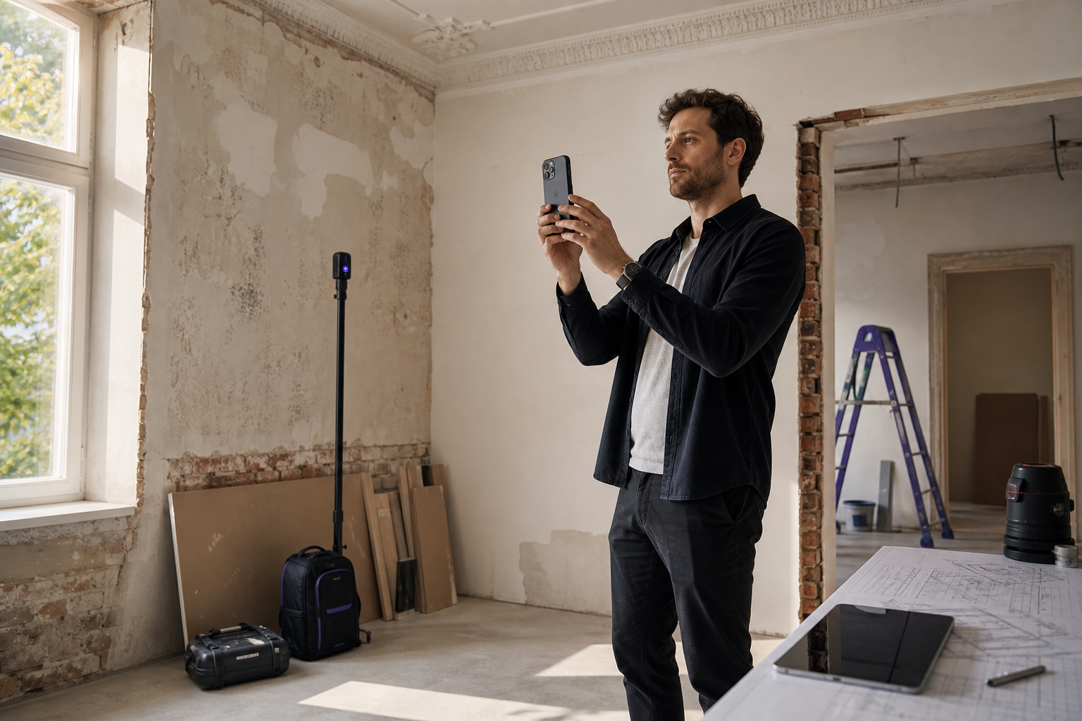 A professional in business-casual attire standing inside a partially renovated interior, iPhone raised at chest height in active scanning pose, framed so the room's corners and ceiling are visible. Warm natural window light.