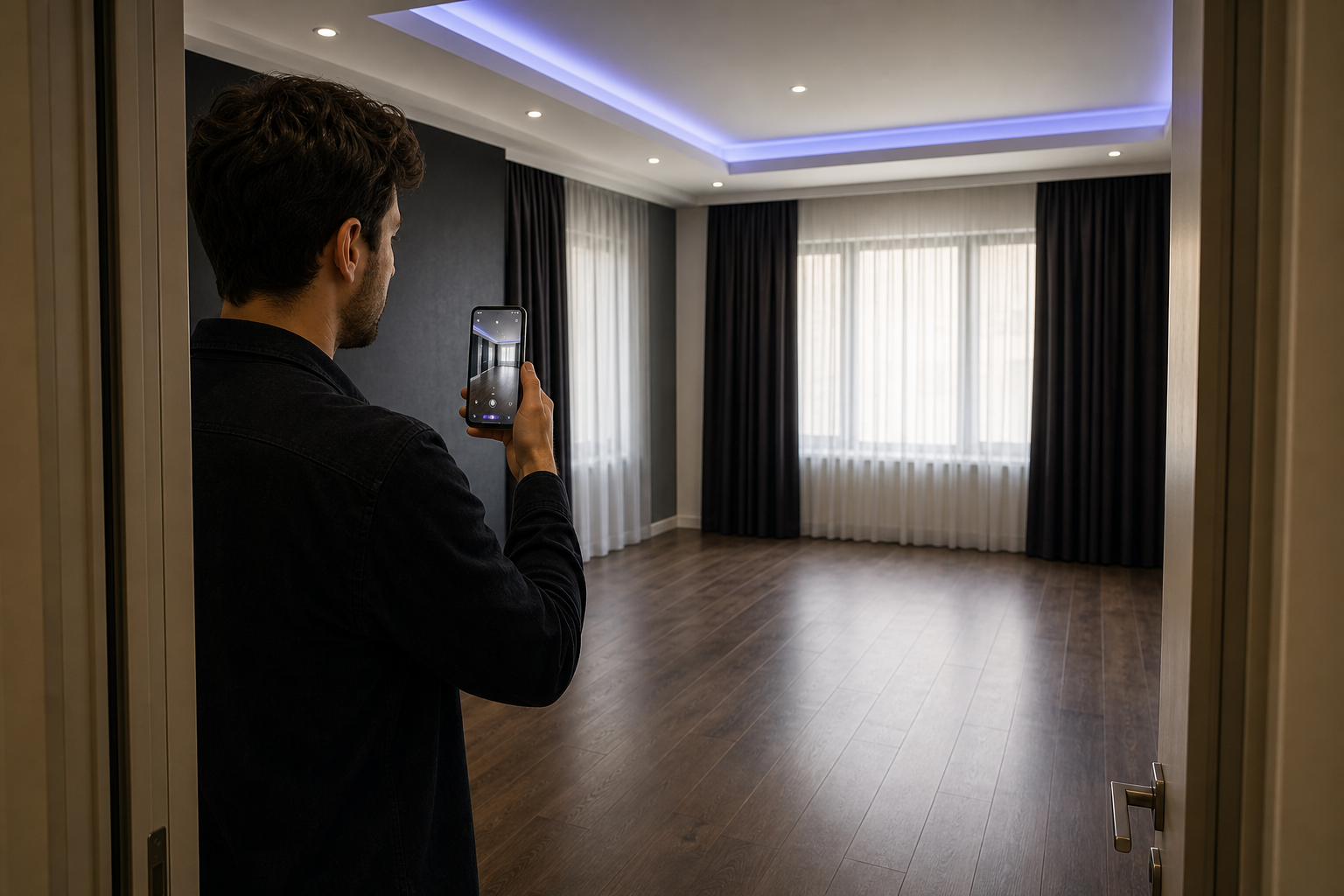 A real-estate professional standing in a doorway, phone raised in scanning position, eyes tracing a planned route across an empty room — clutter-free, curtains drawn to control light.