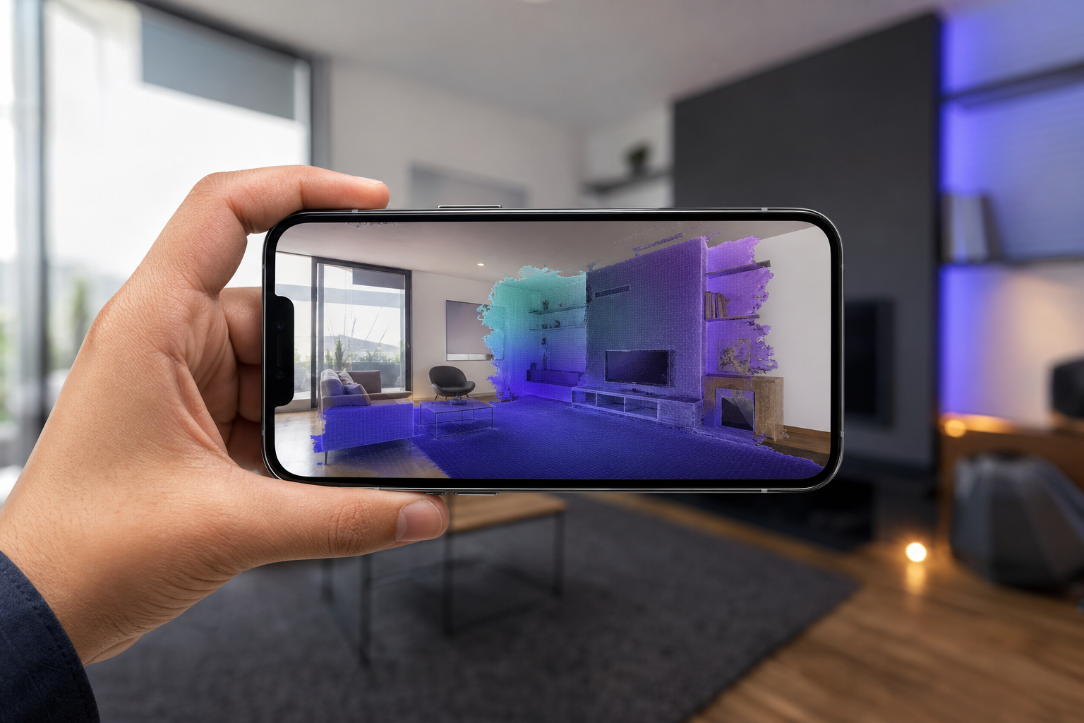 iPhone screen showing a mesh building up in real time during an interior scan — colored geometry accumulating over the live camera view.