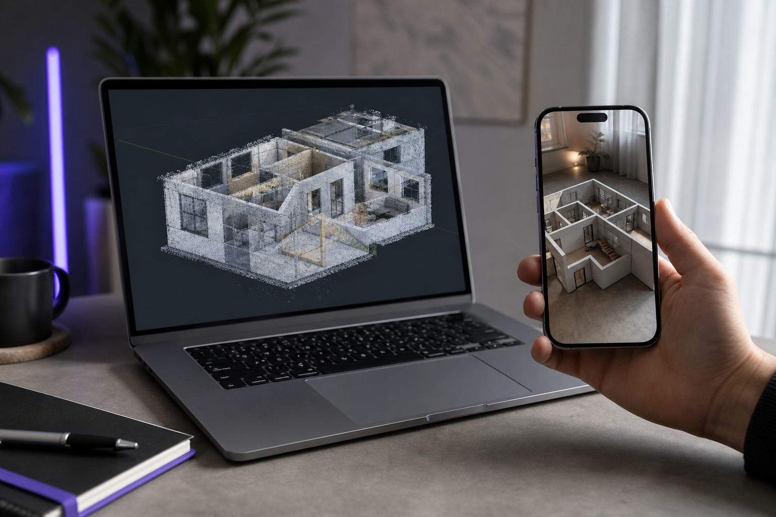 An exported building model open in a CAD/BIM viewer on a laptop screen — point cloud or mesh with wall traces overlaid — or a USDZ model placed in AR on-site via an iPhone.