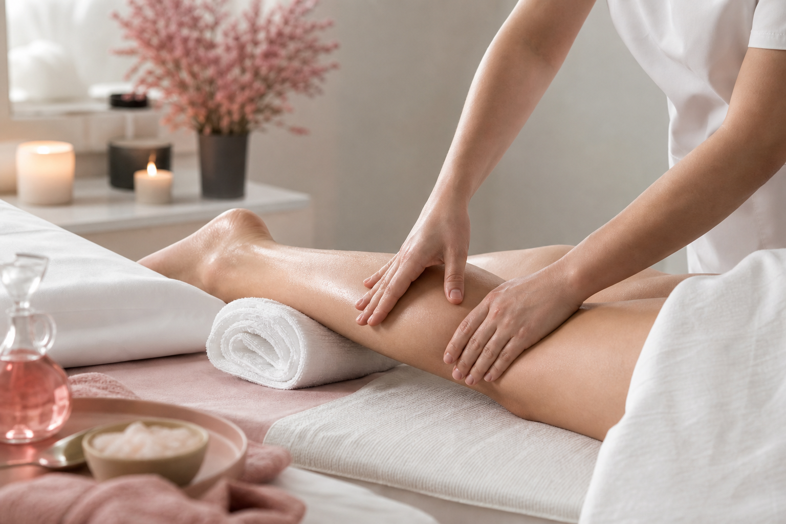 Sakin, hijyenik bir spa ortamında terapistin yumuşak elle bacak üzerinde yönlü, hafif dokunuşla drenaj uyguladığı yakın plan; doğal ışık, dinlendirici tonlar, temiz beyaz-nötr palet, profesyonel atmosfer