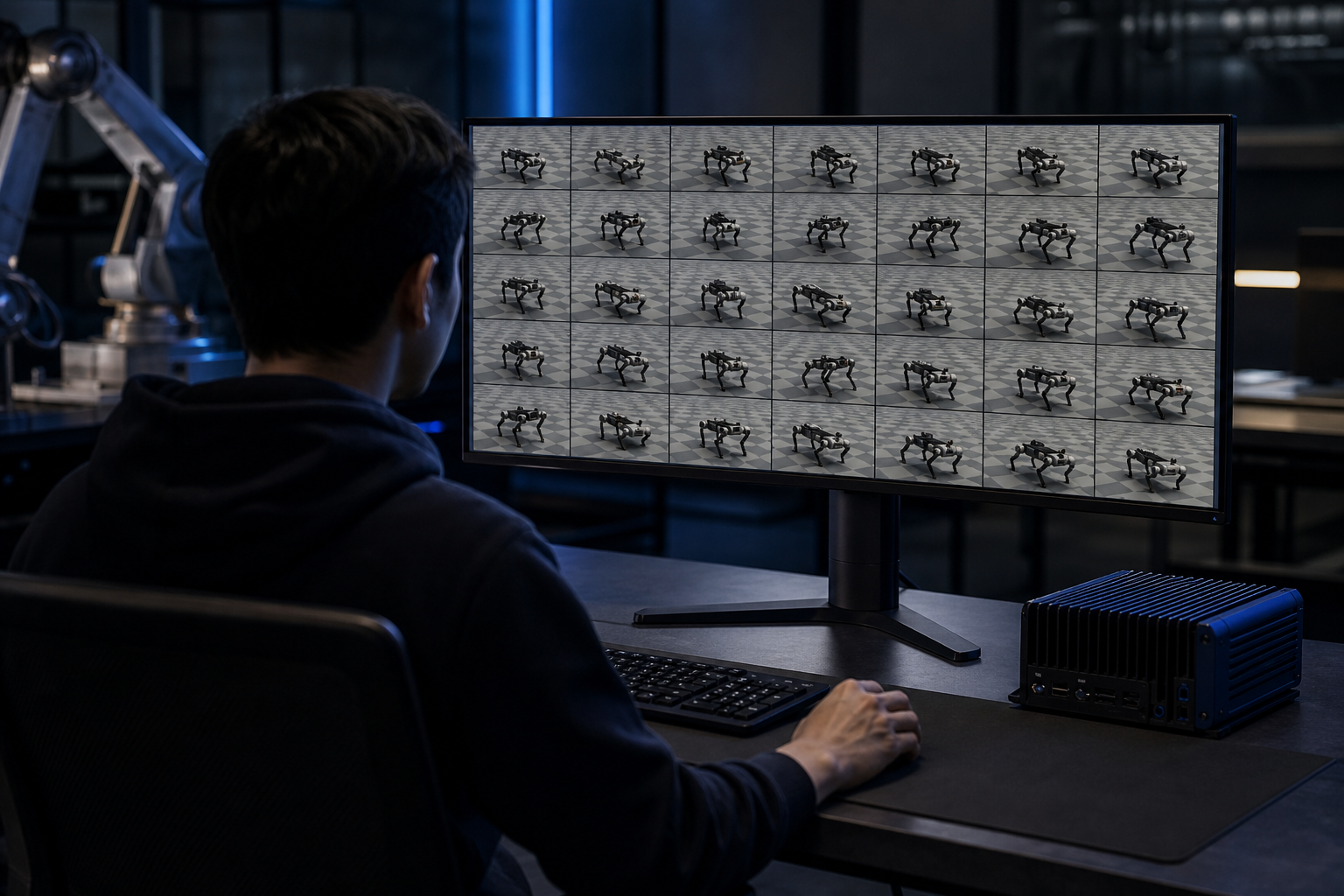A dense grid of identical simulated robot instances rendered in a physics engine viewport — dozens of the same quadruped or manipulator arm arrayed in rows, each in a slightly different pose, conveying massive parallelism on screen. Warehouse-lab lig