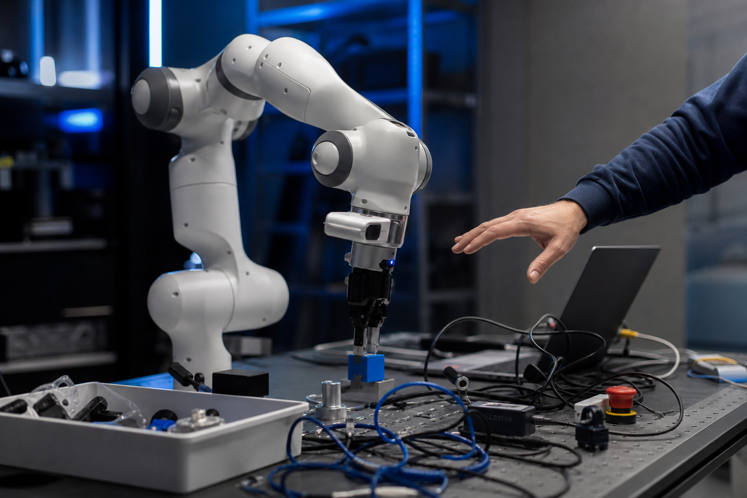A single Franka-style manipulator arm mid-task on a lab bench — object clutter, tangle of cables, a laptop and e-stop button visible, one engineer's hand hovering to intervene. Conveys the manual labor and supervision cost of physical iteration.