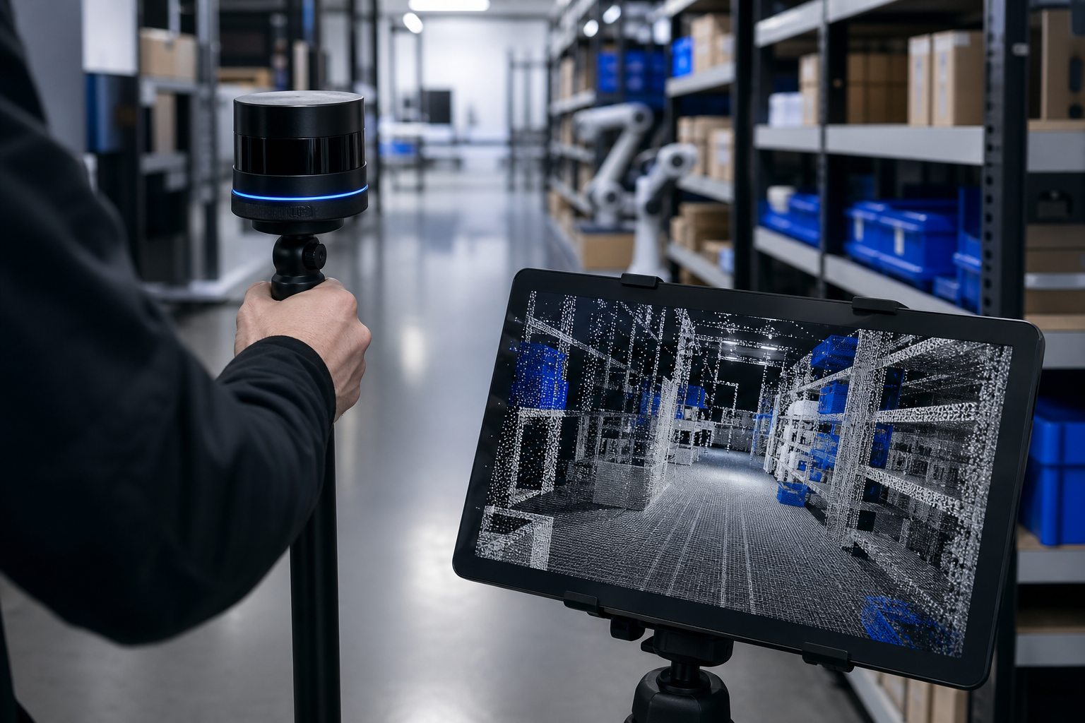A handheld or tripod-mounted LiDAR scanner capturing a warehouse aisle or robotics lab — visible point-cloud overlay on a tablet screen, industrial shelving in the background. Real-to-sim capture in action.