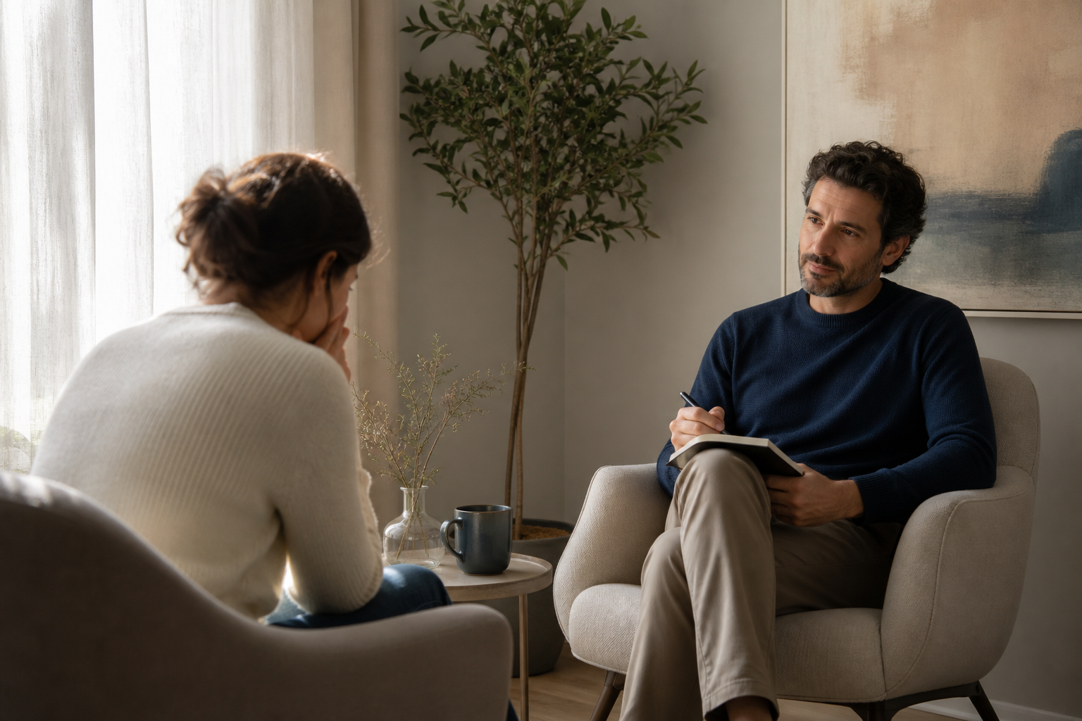 A quiet consultation setting — two comfortable chairs at a slight angle facing each other, soft natural window light, a side table, plant, no desk, no medical equipment, no white coats. Signals a listening space, not a treatment room. Warm, muted ton
