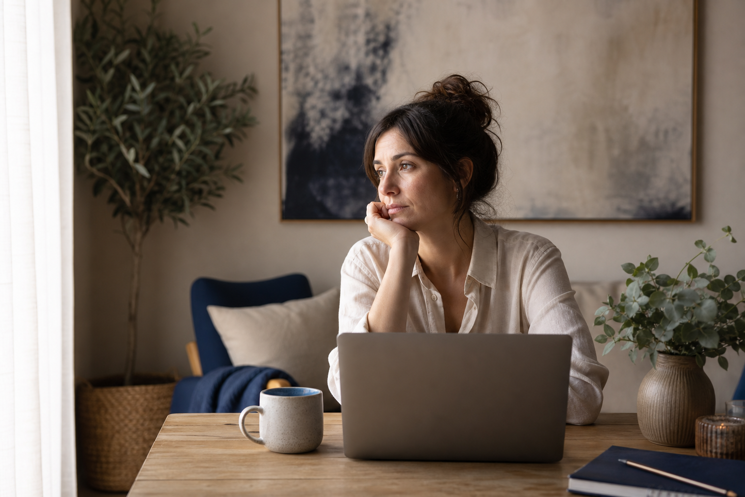 A person in a calm, well-lit home setting — seated comfortably with a laptop or tablet on a table, a warm cup nearby, a plant, soft daylight. Signals the Türkiye-wide online option. No stock-corporate feel; intimate and grounded.