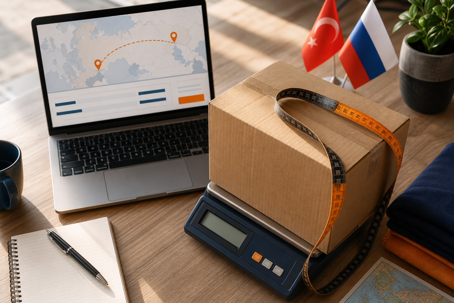 A cardboard shipping box on a scale next to a laptop showing a quote screen, with a measuring tape draped over the box. Slightly overhead angle, warm daylight, a Turkey→Russia context (a small flag sticker or route label optional). Conveys "esti
