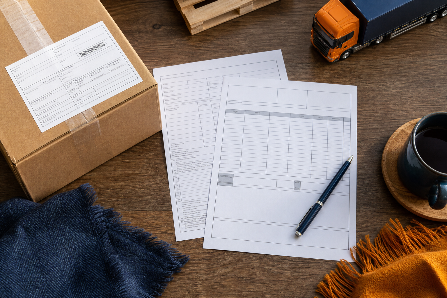 Flat-lay of a shipping box with a customs label attached, a commercial invoice, and a declaration form neatly arranged on a wooden desk. Top-down angle, clean composition, conveys "the paperwork behind a shipment."