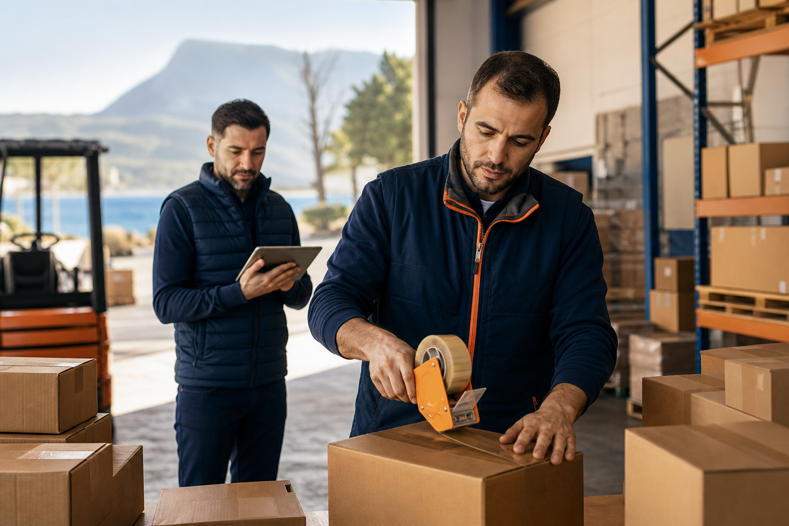 A logistics team member in a warehouse taping and labeling a package for shipment, another checking a tablet — conveys service, trust, and hands-on handling. Alanya/Antalya warehouse setting.