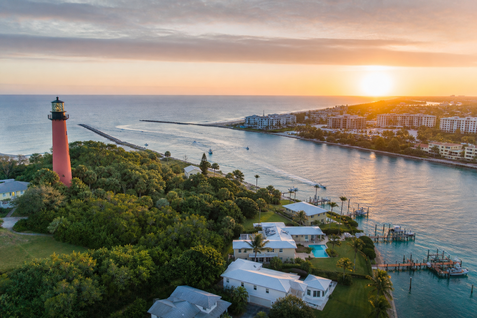 Aerial coastal view of Jupiter — the Jupiter Inlet Lighthouse, Intracoastal, and low-rise coastal homes with visible boat docks, shot at golden hour to convey the "coastal without chaos" positioning.