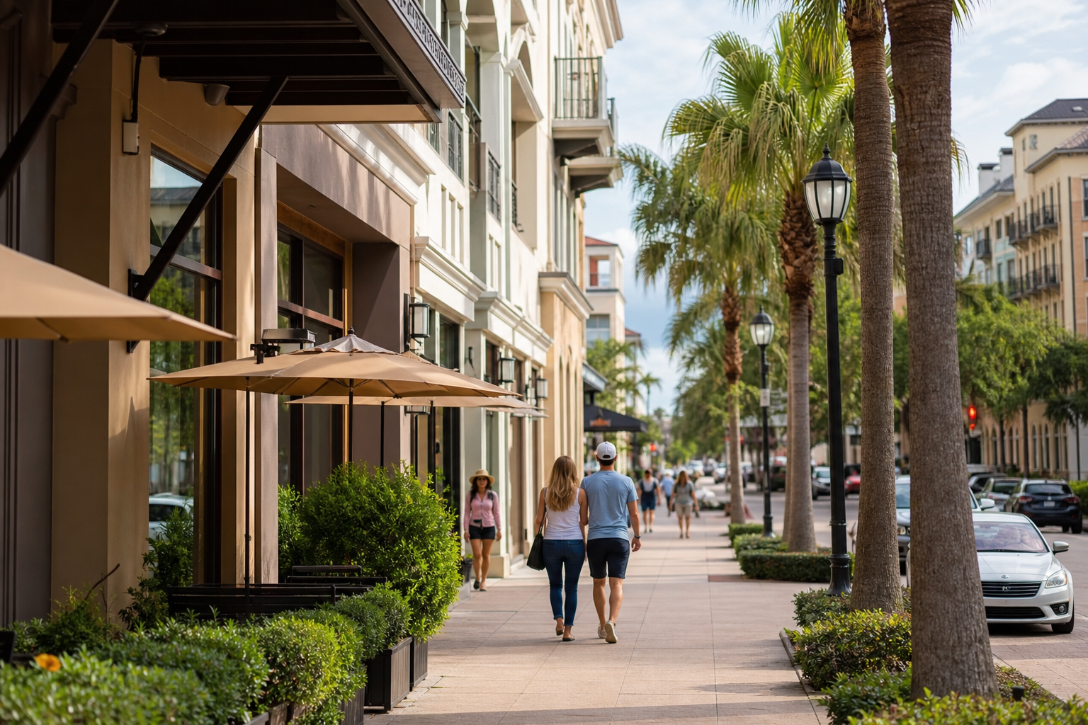 Abacoa town center streetscape — pedestrians, storefronts, low-rise mixed-use architecture showing the walkable New Urbanist character.