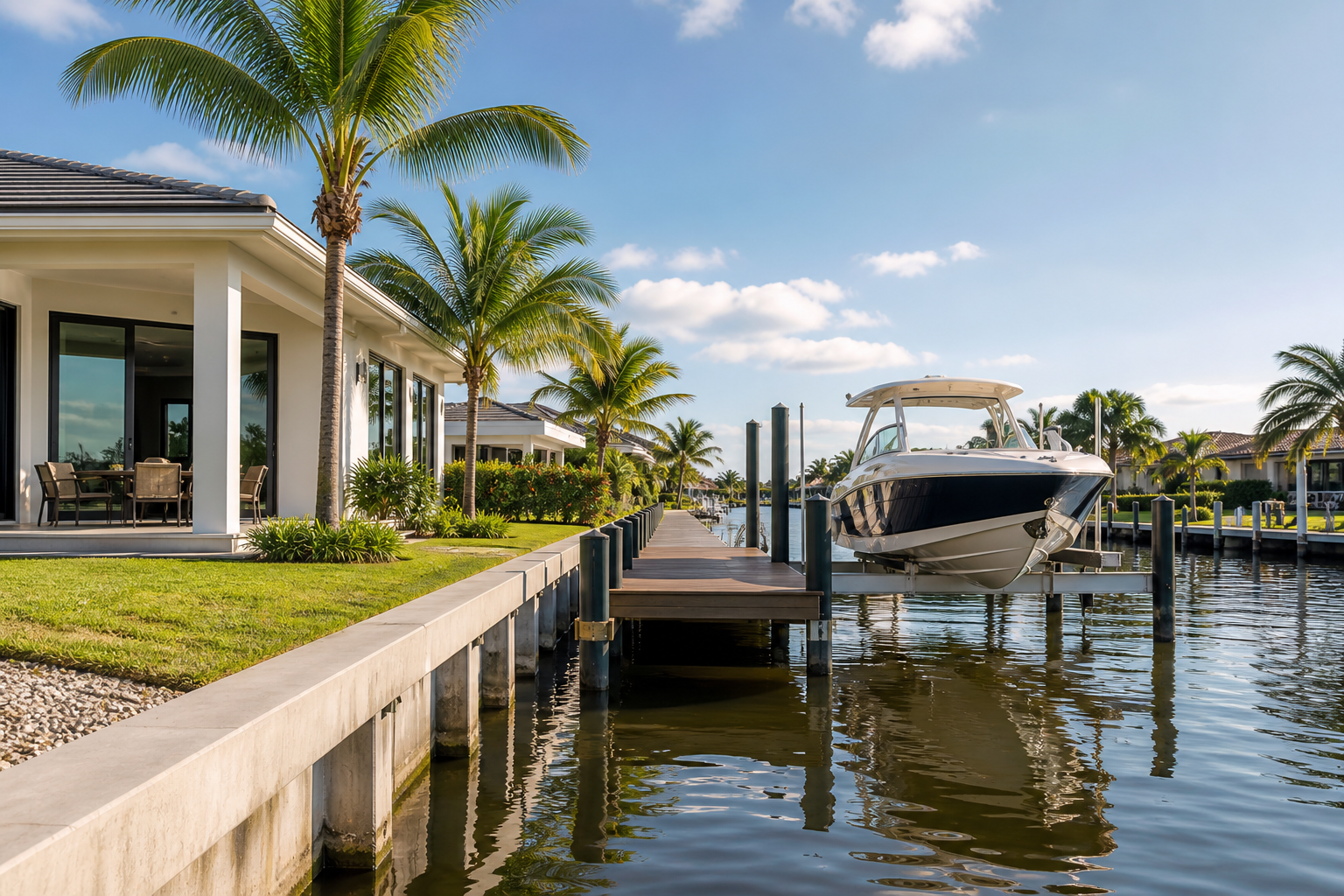 Deepwater canal home with private dock and boat lift — clearly shows seawall, dock, and a moored boat, the tangible "what you're paying for."