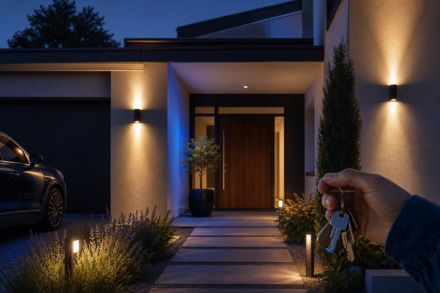 Nighttime shot of a modern house facade with warm wall-wash lighting and softly lit driveway/pathway, keys visible in a hand near an illuminated front door. Angle: eye-level, slightly wide, showing the whole welcoming lit entrance.