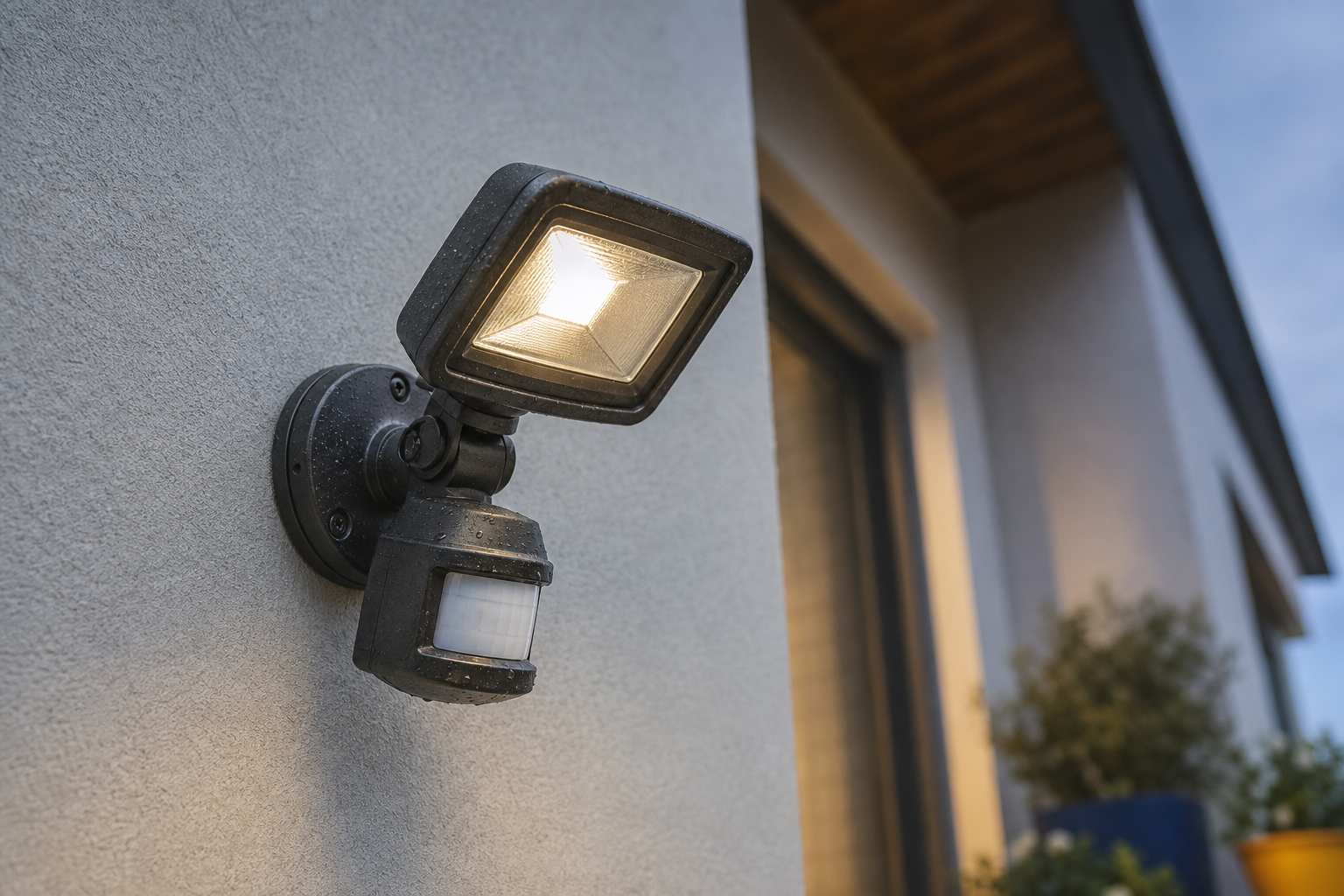 Close-up of a wall-mounted outdoor motion sensor / smart floodlight installed on a house facade, real hardware in daylight, showing mounting and weather seal. Angle: slightly upward, tight on the fixture.