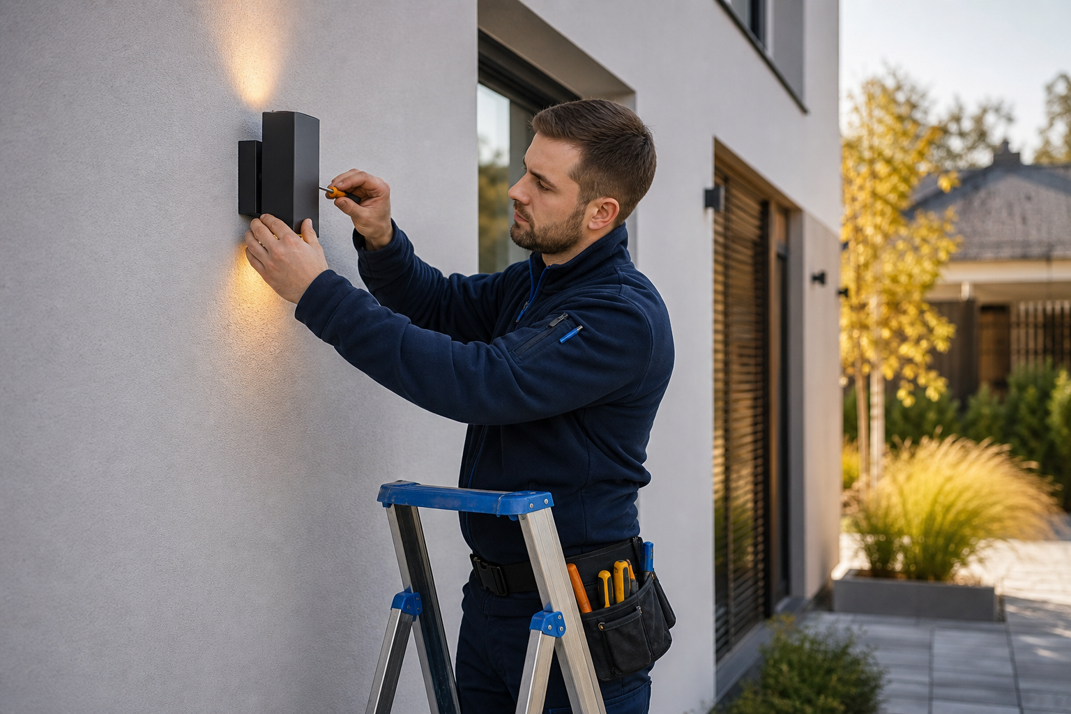 A technician on a short ladder mounting or configuring an outdoor luminaire on a house wall, tools visible, professional workwear. Daylight, mid-shot.