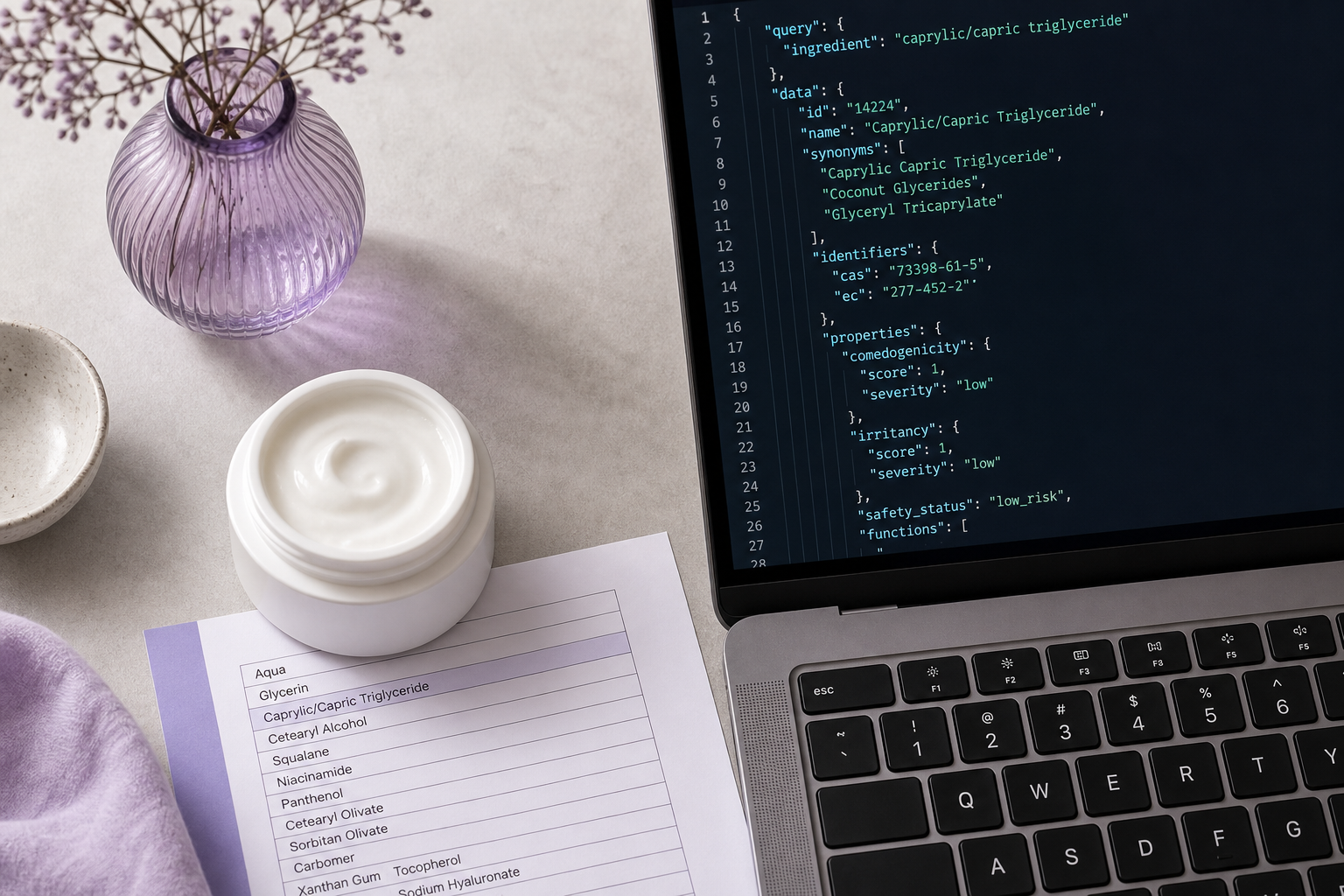 Overhead flat-lay of a white unbranded moisturizer jar on a clean neutral surface, beside a laptop displaying JSON API response data and a printed INCI ingredient list. Soft, even studio lighting, top-down angle. Conveys the bridge between physical p