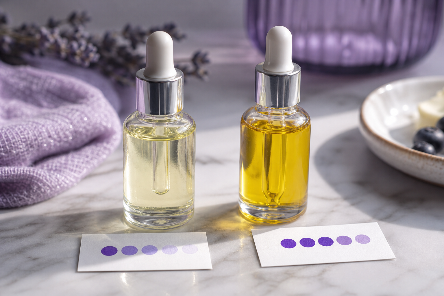 Close-up of two skincare oil bottles side by side on a marble surface — one labeled with a low score, one shot to imply higher risk — with a small printed rating card beside each. Shallow depth of field, macro angle, illustrating the "not all oi