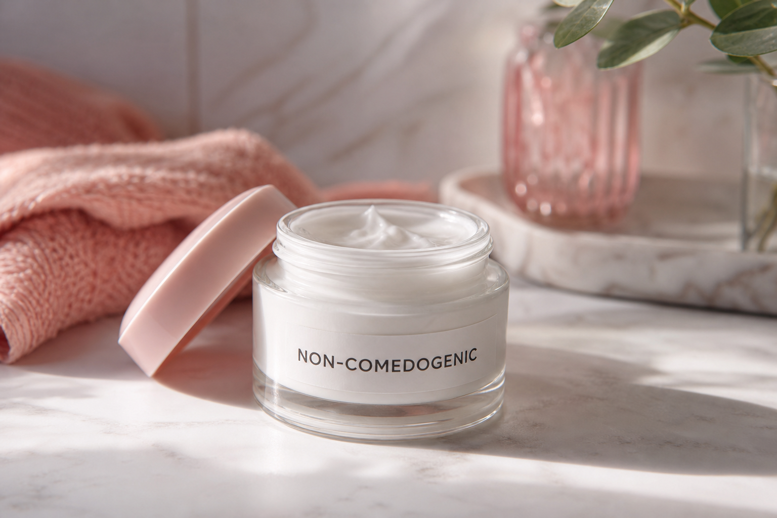 A moisturizer jar with a clearly visible "non-comedogenic" label sitting on a neutral bathroom-counter surface, soft natural side lighting, shallow depth of field so the label word is in sharp focus.