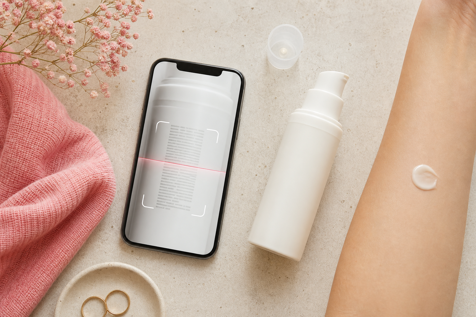 Flat-lay of a smartphone showing an ingredient-scan screen beside a moisturizer bottle and a small patch-test dot on a forearm — top-down angle, clean neutral surface, natural lighting.