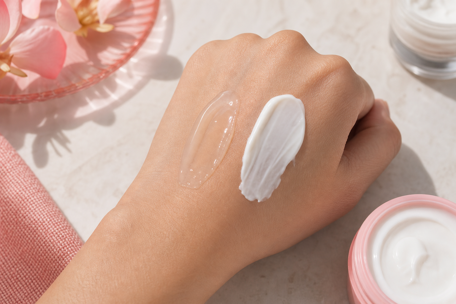 Two moisturizer textures swatched side by side on skin — a lightweight gel-cream vs. a rich thick cream — to visually show the format difference. Close, top-down, good lighting.